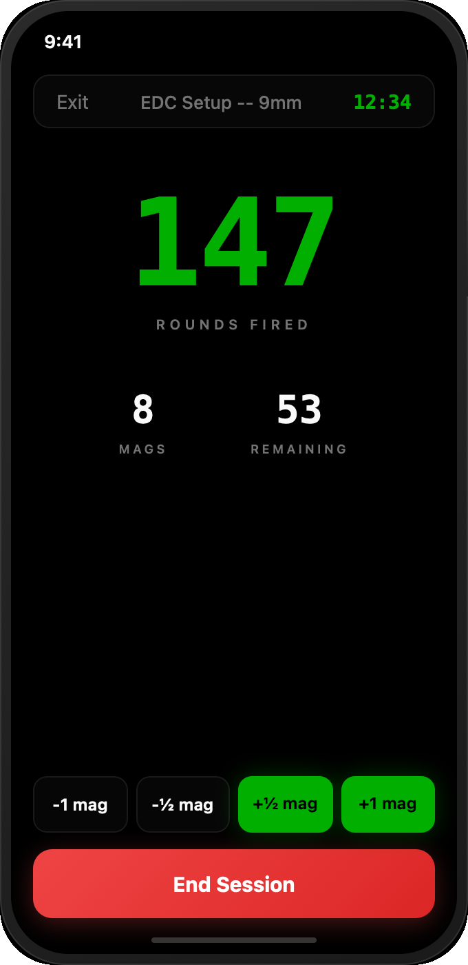 GunSafe Range Mode on iPhone - showing 147 rounds fired with magazine controls